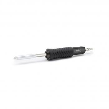 The image shows a soldering iron with a black, ribbed handle and a silver tip. The handle is ergonomically designed to provide a good grip while working.