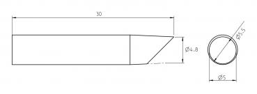 The image shows a technical drawing of a tool. It has an elongated, narrow shape with a slanted tip. On the right side, there is a top view with diameters.