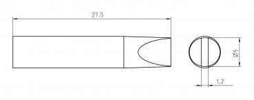 The image shows a technical drawing of a cylindrical object with a pointed edge. It includes measurements for length and diameter. On the right, a cross-section is depicted.