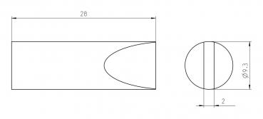 The image displays technical drawings of an object. On the left is an elongated rectangle with a rounded edge, on the right a circle with a diameter of 9.3 mm. Dimensions are provided.