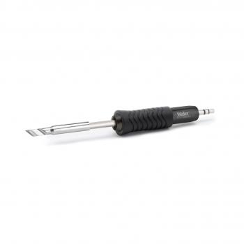 The image shows a soldering iron with a black rubberized handle. The tip is flat and metallic, ideal for soldering components. The iron is slim and ergonomically designed.