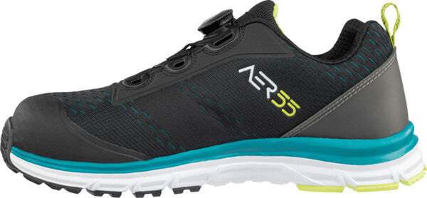 The shoe is black with blue and green accents. It has a sporty shape, a sturdy rubber sole, and a closable shaft. The upper appears breathable and flexible.