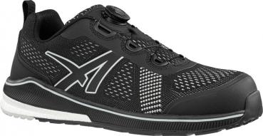 A black athletic shoe with breathable mesh material and reflective details. It has a plastic toe cap and a modern lacing system with a twist lock.