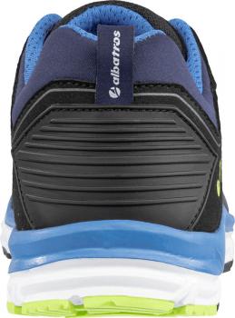 The image shows the rear view of a black sports shoe with blue and green accents. The sole of the shoe is white with a green area, and the material appears to be durable.