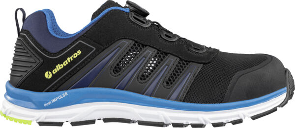 The shoe is a lightweight, athletic sneaker. It is predominantly black with blue and yellow accents. The sole is light with tread, and the upper material has mesh details for breathability.