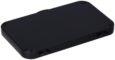 The image shows a rectangular, flat box in matte black color. It has rounded corners and two small clasps on the long sides. The surface is smooth and unmarked.