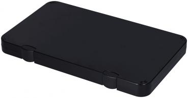 The image shows a flat, rectangular box in black. It has rounded edges and a hinge mechanism that allows for easy opening and closing.