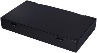 The image shows a rectangular, flat box in black color. It has straight edges and two side handles. The surface is smooth and shimmering.