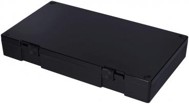 The image shows a rectangular, flat plastic box in black. It has rounded corners and two clasps on the long side. The surface is smooth and uniform without any patterns.