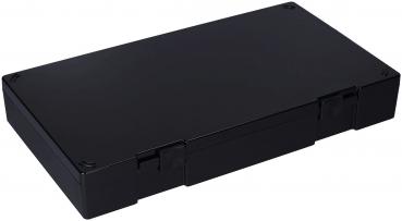 The image shows a rectangular, flat box in black color. It has sharp edges and gives an impression of stability. The surface is smooth and unobtrusive.