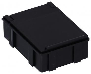 The image shows a small, black plastic box with a flat lid. The corners are slightly rounded, and there are side indentations for better grip. It appears sturdy and compact.