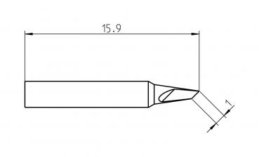 Das Bild zeigt eine technische Zeichnung eines Werkzeugs mit einer Länge von 15,9 mm. Es hat einen geraden Körper und eine schräg zulaufende, spitze Kante.