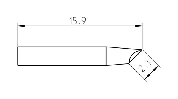 Das Bild zeigt eine technische Zeichnung eines Objekts mit zwei Maßangaben: 15,9 Einheiten Länge und eine Breite von 2,1 Einheiten an einer konischen Spitze.
