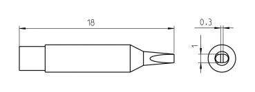 The image shows a technical sketch of a small, narrow object with a sharp, forward-facing opening. On the left, the dimensions (18 mm length, 0.3 mm diameter) are provided. On the right is the top view.