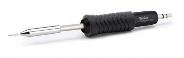 The image shows a fine soldering iron with a black, non-slip grip and a shiny silver tip. The handle is equipped with a ribbed texture.