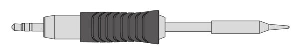 The image shows a long, slender plug with a round, slightly wavy rubber grip in the middle. At one end, two small contacts are visible, and at the other end, a pointed connection.