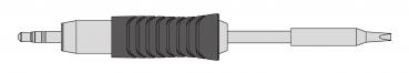 The image shows a screwdriver with a round, grippy black handle area, a long, narrow metal part, and a flat screw tip at the end.