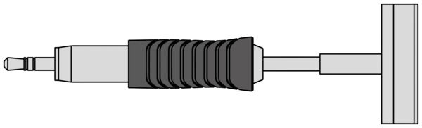 Das Bild zeigt einen Stecker mit einem runden, metallischen Ende und einem gummierten, schwarzen Griff. Der Stecker ist mit einem geraden Kabel verbunden und hat eine rechteckige Halterung.