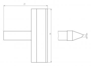 Das Bild zeigt technische Zeichnungen eines Objekts mit zwei Ansichten: eine seitliche und eine Draufsicht. Es gibt Maße wie 27 und 31, die die Dimensionen angeben.