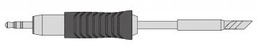 The image displays an audio jack plug. It features a cylindrical head with a black rubber layer and a narrow, wavy section, followed by a long, smooth metal part.