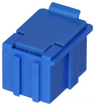 The image shows a small, blue plastic container with a lid that is slightly raised. The container has straight edges and a practical, rectangular shape.