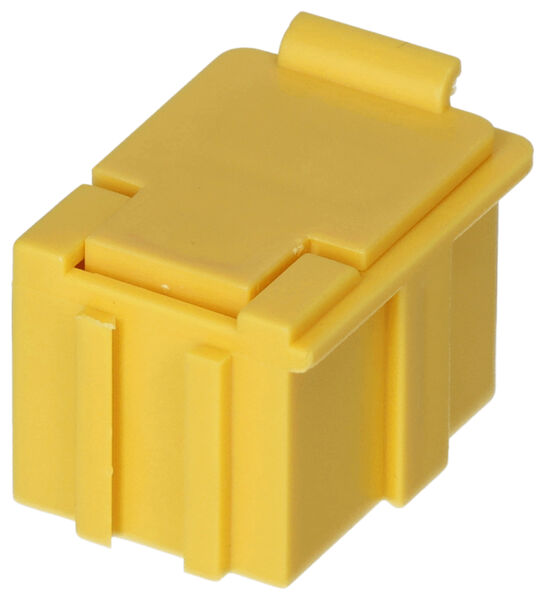 The image shows a yellow plastic plug. It has a rectangular shape with a flat top and side grooves. A small flap on top allows it to be opened.