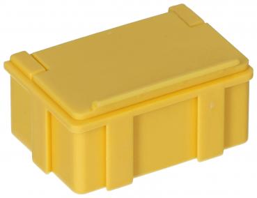 The image shows a small, rectangular container in bright yellow. It has a lid and side grooves for better grip. Ideal for storing small items.