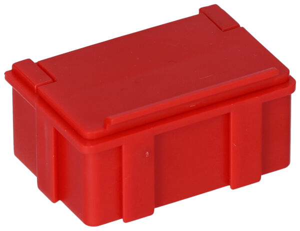 The image shows a small, rectangular box in bright red. It has a flat lid with two side clasps. The surface is smooth and the material appears sturdy.