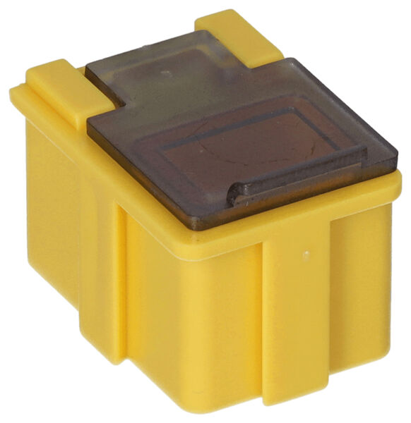 The image shows a small, yellow plastic container with a transparent, dark lid. It has rounded corners and a square shape.