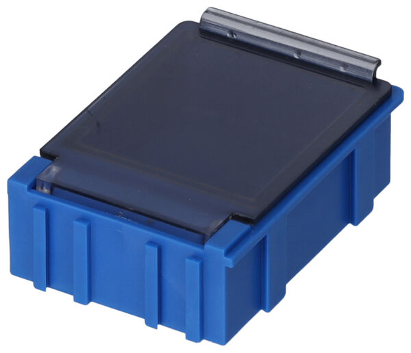 The image shows a rectangular, blue box with a flat, transparent lid. The box has a textured surface and is sturdily built. The lid is hinged.