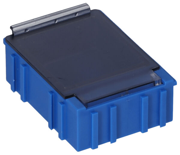 The image shows a rectangular, blue container with a smooth top and a metallic flap. The sides are slightly textured, giving the container a compact and sturdy appearance.