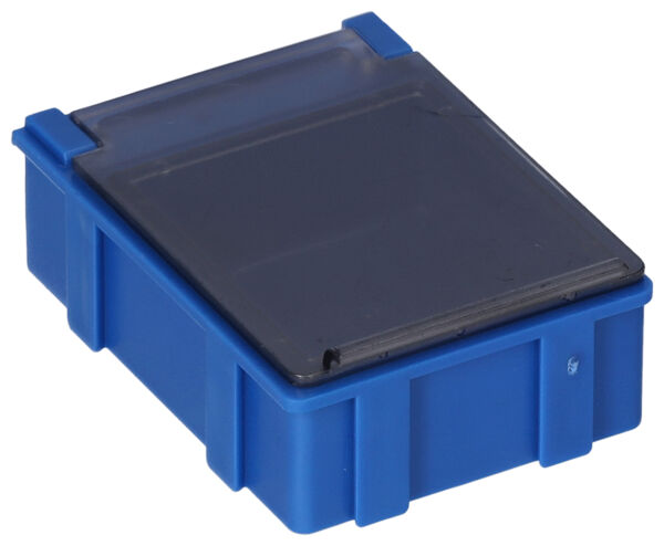 The image shows a small, rectangular box in blue with a removable, transparent lid. The box has a ribbed structure on the sides and is sturdy.