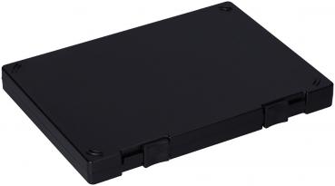 The image shows a black rectangular casing, flat and smooth with rounded corners. It has two latches on one side and is designed in a minimalist style.