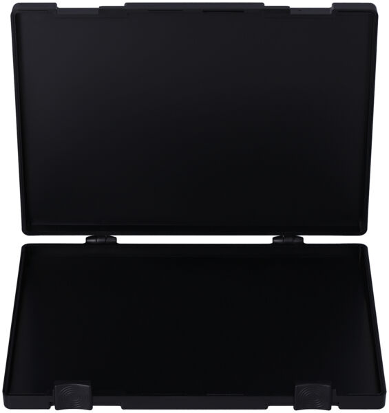 The image shows a black, open suitcase with two flaps. The insides are also black and flat. The flaps are attached to hinges. The suitcase has four feet.