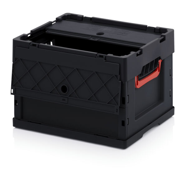 The image shows a black plastic box. It has an open top, a red handle, and a textured side with diamonds. The box is sturdy and easily portable.