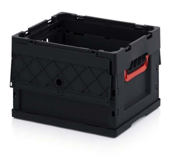 The image shows a black plastic box in a crate format. It has a textured side surface and a red handle on the front. The box is open and has sturdy, solid walls.