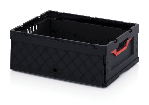 The image shows a black plastic box with a red handle. The box has a rectangular shape, open sides for ventilation, and is sturdy for storing items.