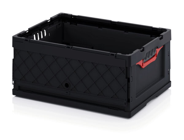 It is a black plastic box without a lid. The sides are designed with diamond patterns, one side has a red handle. It is rectangular and sturdy.