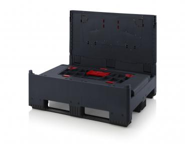 The image shows a black stackable box with a red handle. The box is open and features a flat design with textured surfaces and a sturdy, edge-like shape.