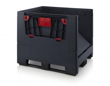 The image shows a rectangular stacking box made of black plastic with red elements. It has open sides and a sturdy construction, ideal for storage or transport.