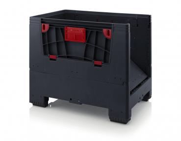 The image shows a large, rectangular black plastic box with red details. It has an open front and side ventilation openings. It is sturdy and suitable for storage.