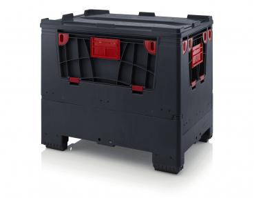 The image shows a sturdy, black plastic box with red accents. It has a square shape, robust walls, and a textured surface. The box is suitable for storage and transport.