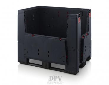 The picture shows a large, rectangular container made of black plastic. It has open sides with red clips attached. The container appears sturdy and is suitable for storage or transportation.