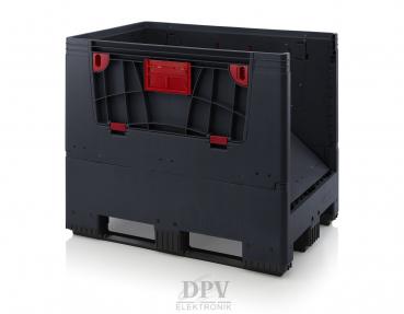 The image shows a sturdy, black plastic storage container with red accents. It has an open design, a wide base, and is stackable.