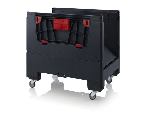 The image shows a sturdy, black rolling cart with red elements. It has an open front and is mounted on casters, which makes it easier to move.