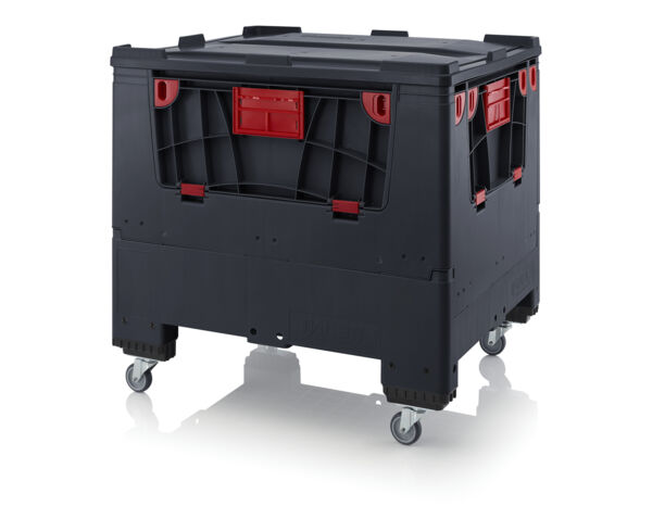 The image shows a sturdy, black transport container with red detail. It has a square shape, is on wheels, and features a removable lid. Ideal for storage and transport.