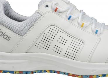 The image shows a white sports shoe with perforated details on the side. It features a gray, breathable insole and a colorful rubber sole with various colors.