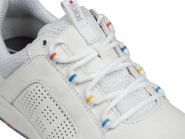 The image shows a white shoe with a modern, sporty shape. The shoelaces are white, and there are colored accents in blue, orange, and yellow. The surface has some perforated details.