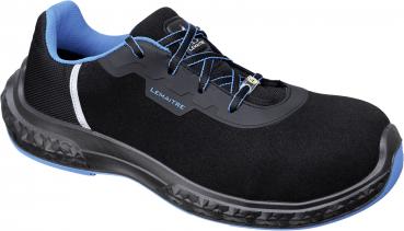 The shoe is sporty, with a black upper and blue accents. It has a non-slip sole, laces, and a reinforced toe cap for added protection.