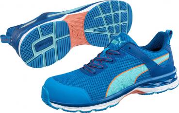 The image shows a pair of athletic shoes in bright blue with light blue and orange accents. They have a non-slip sole and laces.